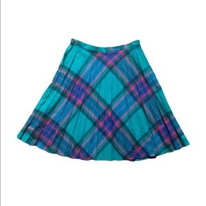 Vintage 80s 90s teal, blue and purple plaid wool blend pleated skirt